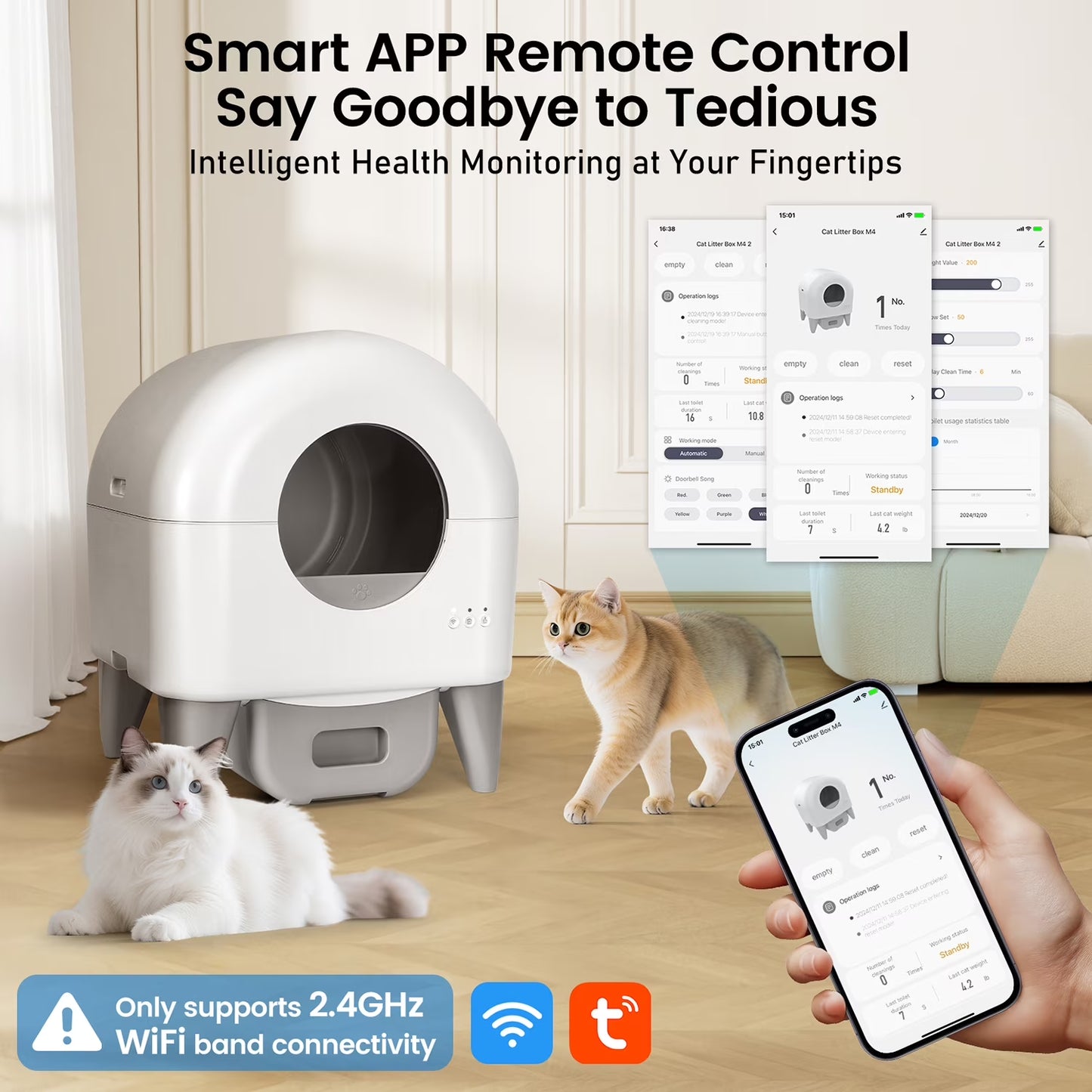 Self-Cleaning Cat Litter Box, App Controlled, with Safety Sensor, Removable and Washable Liner
