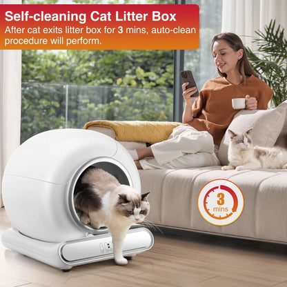 Self Cleaning Cat Litter Box, Automatic Cat Litter Box with APP Control, 65+9L Large Capacity, All-Round Safety Protection, Fully Auto Cleaning, Support 2.4G Wifi Only, 2 Rolls Liner Gift