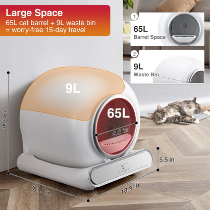 Self Cleaning Cat Litter Box, Automatic Cat Litter Box with APP Control, 65+9L Large Capacity, All-Round Safety Protection, Fully Auto Cleaning, Support 2.4G Wifi Only, 2 Rolls Liner Gift