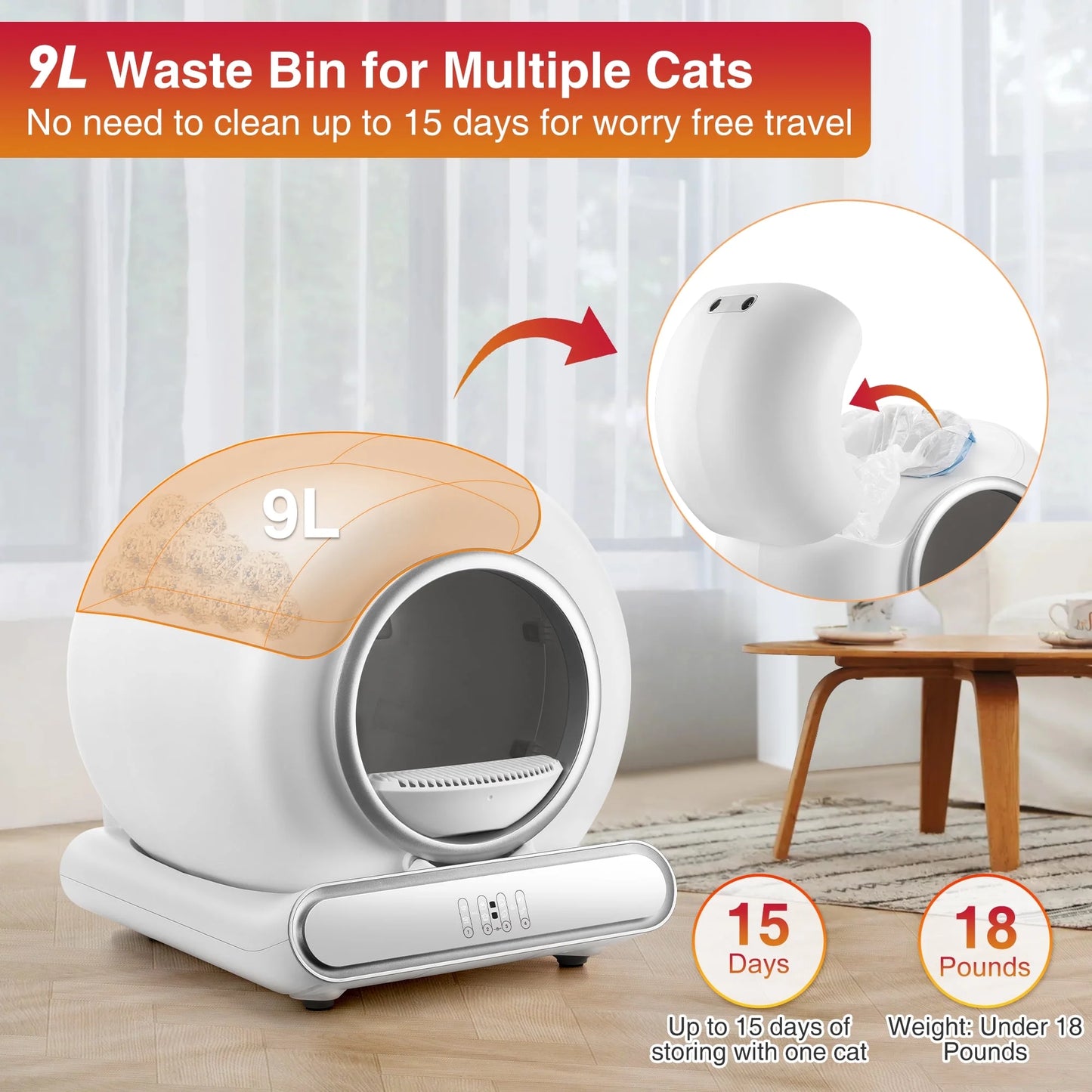 Self Cleaning Cat Litter Box, Automatic Cat Litter Box with APP Control, 65+9L Large Capacity, All-Round Safety Protection, Fully Auto Cleaning, Support 2.4G Wifi Only, 2 Rolls Liner Gift