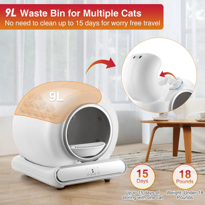 Self Cleaning Cat Litter Box, Automatic Cat Litter Box with APP Control, 65+9L Large Capacity, All-Round Safety Protection, Fully Auto Cleaning, Support 2.4G Wifi Only, 2 Rolls Liner Gift