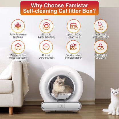 Self Cleaning Cat Litter Box, Automatic Cat Litter Box with APP Control, 65+9L Large Capacity, All-Round Safety Protection, Fully Auto Cleaning, Support 2.4G Wifi Only, 2 Rolls Liner Gift