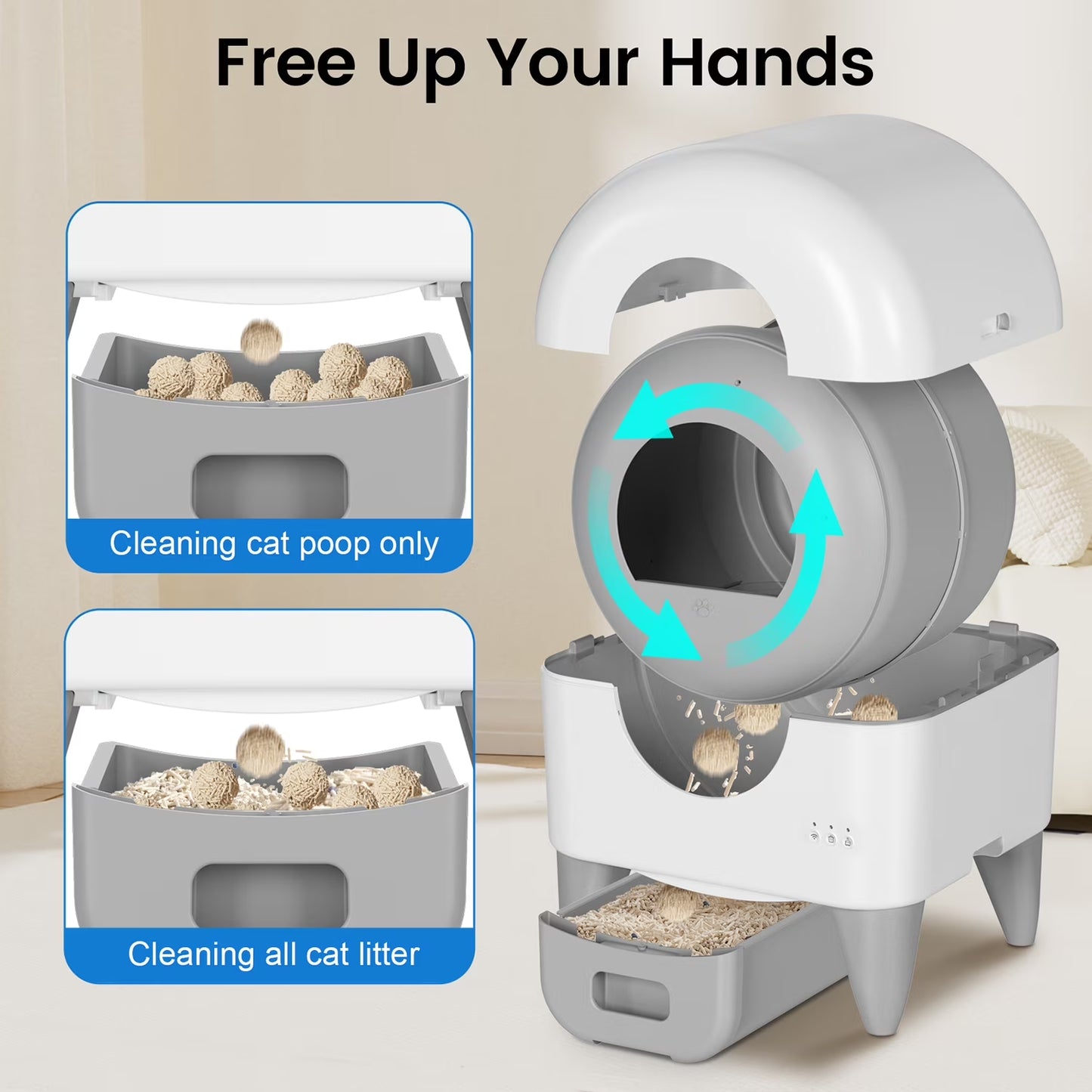 Self-Cleaning Cat Litter Box, App Controlled, with Safety Sensor, Removable and Washable Liner